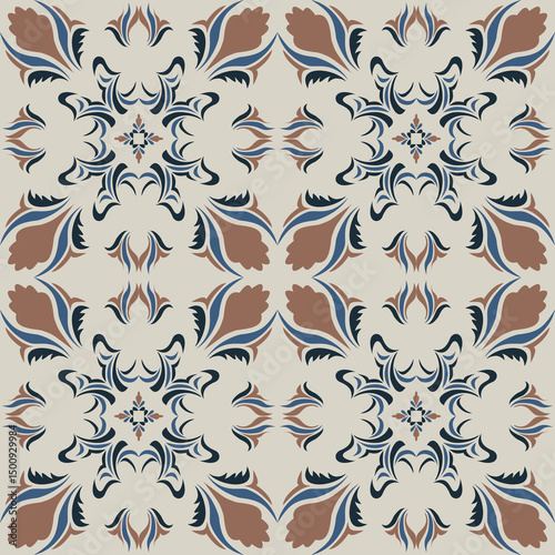 Seamless vintage damask floral tile design in blue and earthy tones, perfect for textile prints and home decor.