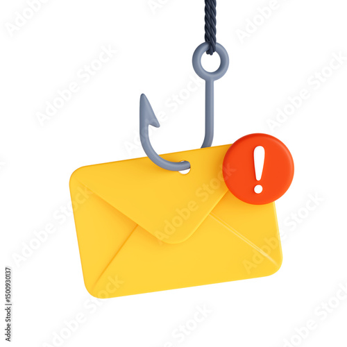 Cybersecurity And Phishing Alert Concept. Yellow Envelope On Fish Hook With Exclamation Mark Icon. 3d Rendering
