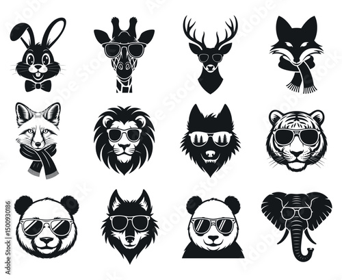 Twelve Cool Animal Heads Wearing Sunglasses Vector Illustration Set