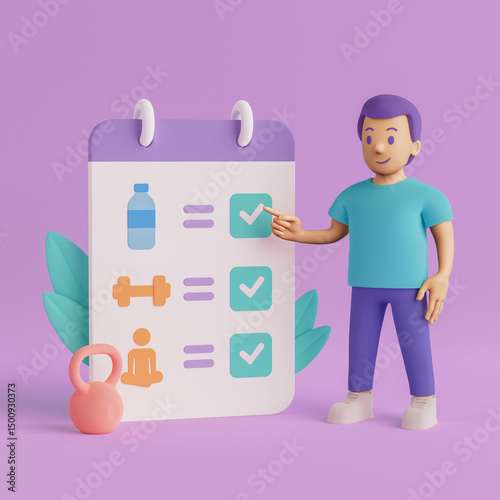 Healthy Lifestyle And Fitness Planning Concept. Cartoon Character Pointing At Checklist With Water, Workout And Meditation Icons. 3d Rendering