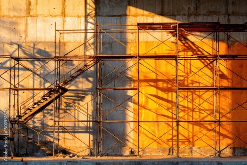 Wallpaper Mural Scaffold against concrete wall, warm sunlight and strong shadows create stark contrasts Torontodigital.ca
