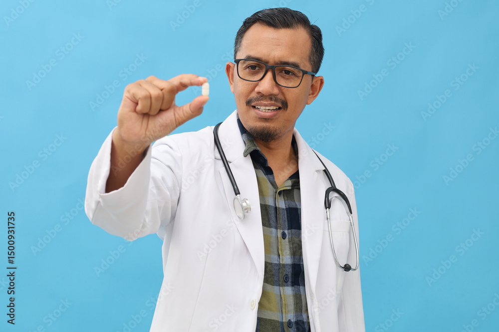 Handsome adult male doctor in close-up wearing a doctor's coat and a stethoscope hanging around his neck, with a white capsule in his hand and smiling on a blue background Handsome adult male doctor in close-up wearing a doctor's coat and a stethoscope hanging around his neck, with a white capsule in his hand and smiling on a blue background