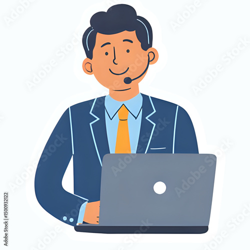 flat illustration of costumer service working in front of monitor PC or Laptop