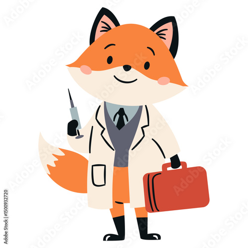 Flat vector illustration in a simple children's style. Cute foxy doctor with first aid kit and injection on white background . Vector illustration