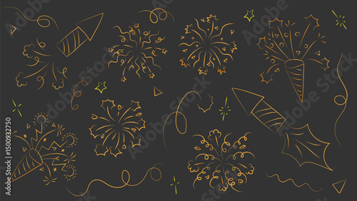 Gold firework and confetti burst background. Line New Year celebrate spark or anniversary graphic. Birthday firecracker explosion and ribbon boom doodle design. Surprise party element set for fun.