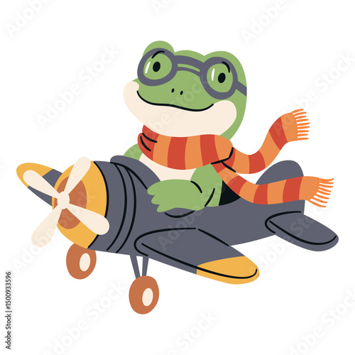 Flat vector illustration in a simple children's style. Cute frog pilot flying on airplane. Vector illustration
