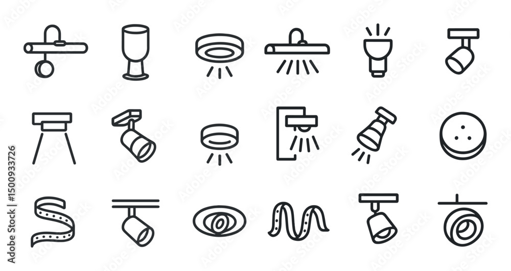 Lighting and illumination outline icons set – flat, silhouette, home decor symbols Lighting and illumination outline icons set – flat, silhouette, home decor symbols