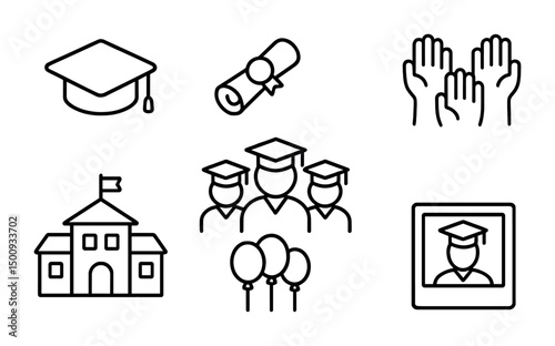 Graduation icons set featuring cap, diploma, and celebrating students in minimalist style