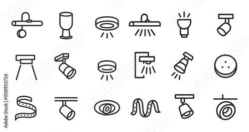 Lighting and illumination outline icons set – flat, silhouette, home decor symbols
