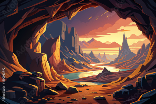 A breathtaking landscape as seen from inside a dark cave, framing a sunlit valley or waterfall outside. Cave walls with textured rock, contrast between shadow and light. Clean vector illustration