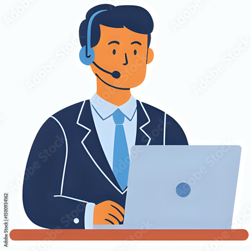 flat illustration of costumer service working in front of monitor PC or Laptop