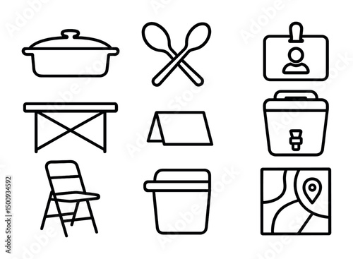 Camping essentials collection: cookware, seating, and navigation icons