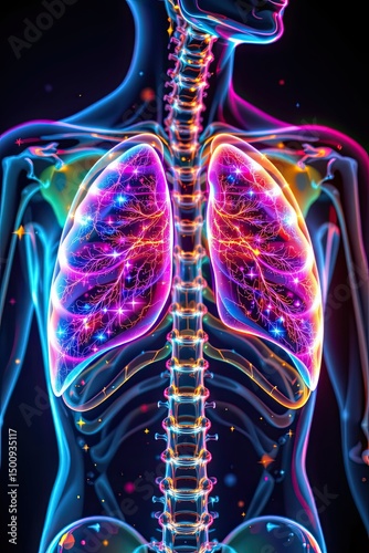 detailed illustration of rib cage with lung overlay in rgb or holographic style, glowing edges, layered transparency, futuristic background, high resolution