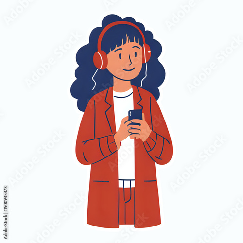 Illustration of a women use headphones listening music from her smartphone