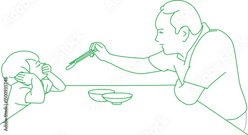 man trying to feed a tomato slice to his grandson