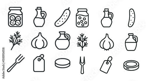 Pickling and fermentation outline icons set – flat, culinary, preserving tools