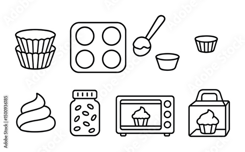 Baking essentials and cupcake preparation icons for culinary projects