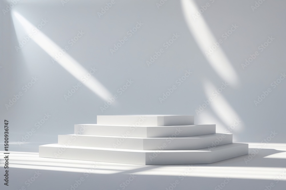 Obraz premium White multi-step podium on seamless white background – minimal product display, clean design, futuristic stage, studio lighting, abstract symmetry