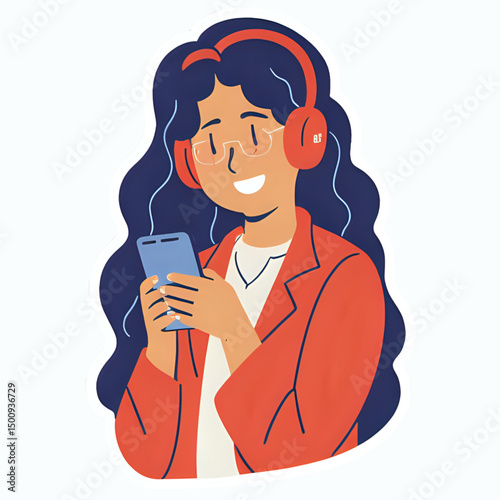 Illustration of a women use headphones listening music from her smartphone