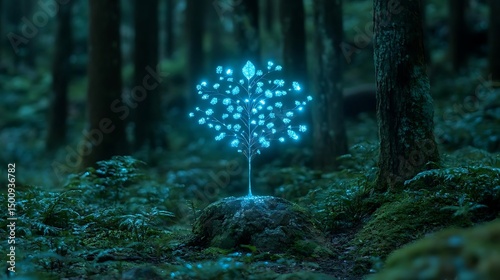 Glowing tree, forest, fantasy, night, nature, magic, digital art, background