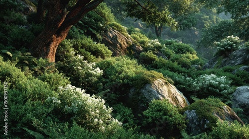 Lush green vegetation covers rocks in a serene and sunlit natural forest.