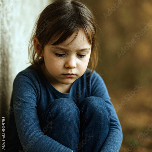 child's sitting alone and withdrawn.posture and facial expression, which communicate sadness and isolation.