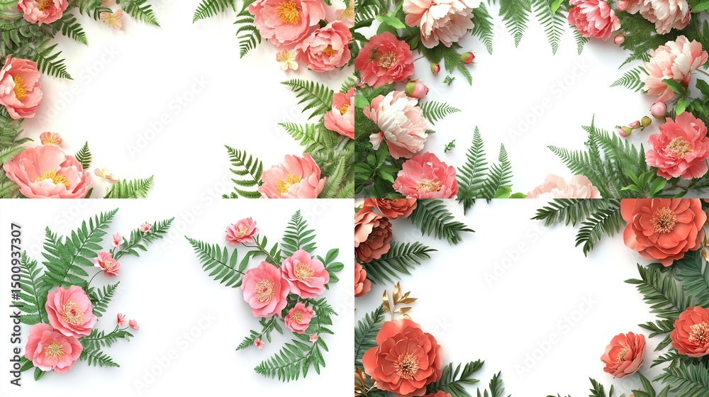 Four square floral frames featuring varying shades of pink and peach peonies and fern foliage, arranged in a border against a white background Four square floral frames featuring varying shades of pink and peach peonies and fern foliage, arranged in a border against a white background