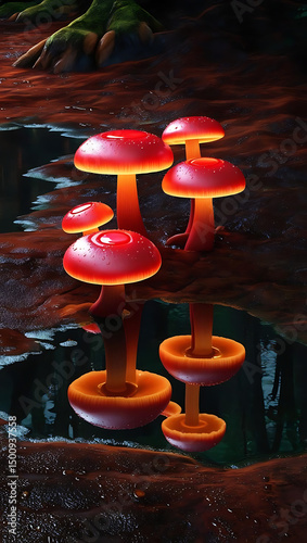 Glowing red mushrooms reflected in water, perfect for enchanting art projects or fantasy-themed media, mystical and captivating style.