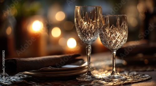 Crystal Wine Glasses & Silverware in Warm Tones Sharp-Focus Crystal Glasses with Soft Bokeh for High-End Brand Campaigns