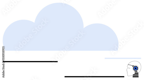Blue cloud paired with minimalist AI head with gear, suggesting technology, artificial intelligence, innovation. Ideal for digital transformation, software, cloud storage, data, innovation