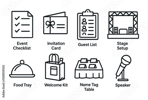 Event planning essentials: checklist, invitations, and stage setup icon set