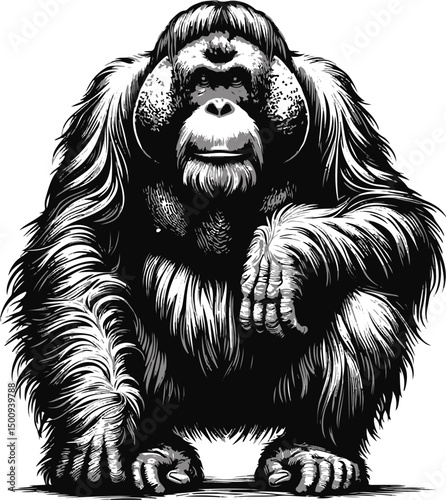 Vector silhouette of the Orangutan white background