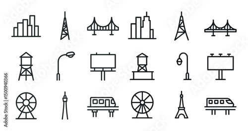 Urban architecture line icons set – buildings, structures, cityscape design elements