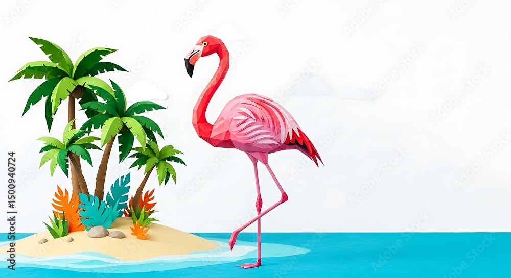 Fototapeta premium Flamingo tropical island palm trees summer beach ocean vacation paradise exotic bird wildlife nature art