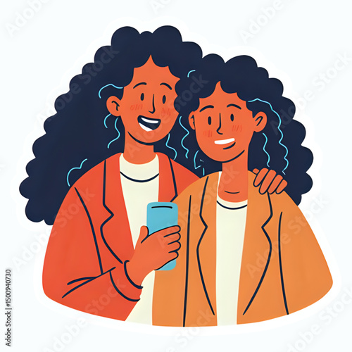Flat vector illustration of a two women wearing casual suites looking at the smartphone and take a selfie photo together