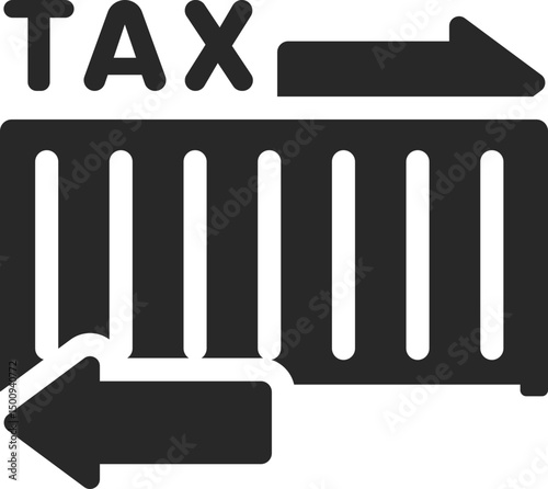 Shipping container with tax label and export arrow, for export duty or customs, solid icon vector.