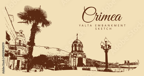 City ancient architecture, Crimea. Yalta embankment with church, palm tree and lantern. Vintage brown and beige graphics, engraved, vector. Old retro design.	