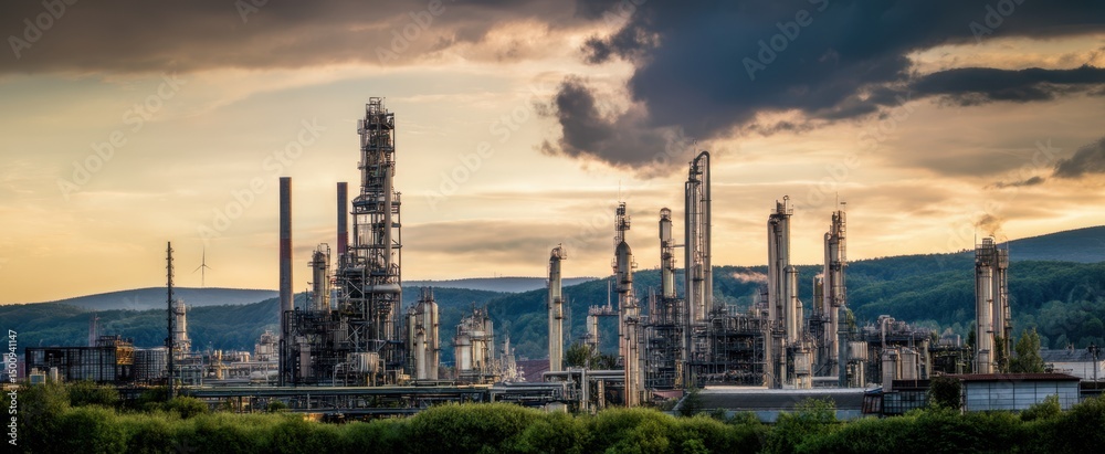 Fototapeta premium The Industrial Refinery Against a Dramatic Sunset Landscape