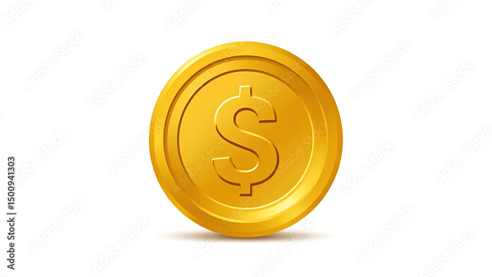 Shiny gold coin featuring a raised dollar sign, isolated on a clean white background. Ideal for finance, savings, or investment concepts. Shiny gold coin featuring a raised dollar sign, isolated on a clean white background. Ideal for finance, savings, or investment concepts.