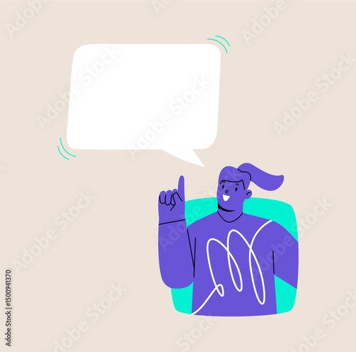 Woman looking out of square window with speech bubbles. Colorful vector illustration
