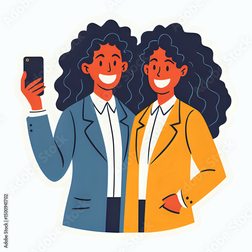Flat vector illustration of a two women wearing casual suites looking at the smartphone and take a selfie photo together