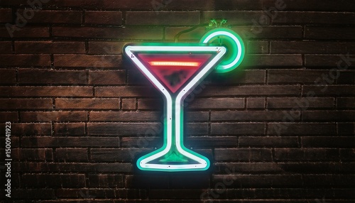  Neon sign martini glass glows on dark wall. Colorful vibrant bar sign