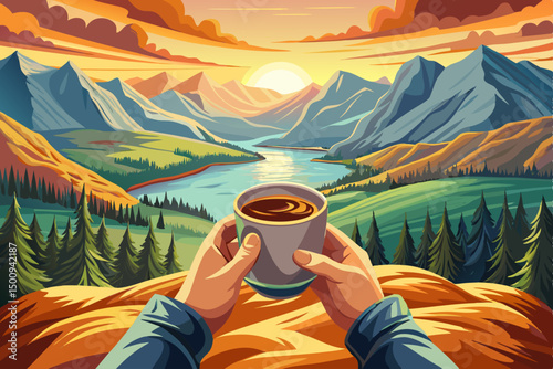 First person view of hands holding a warm cup of tea or coffee, overlooking a peaceful mountain valley or lake. Mist rising, early morning light