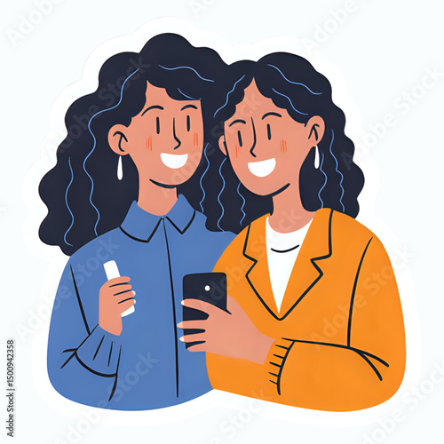 Flat vector illustration of a two women wearing casual suites looking at the smartphone and take a selfie photo together