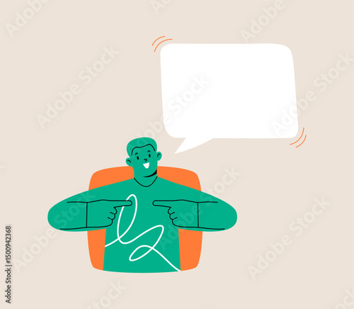 Man looking out of square window with speech bubbles. Colorful vector illustration