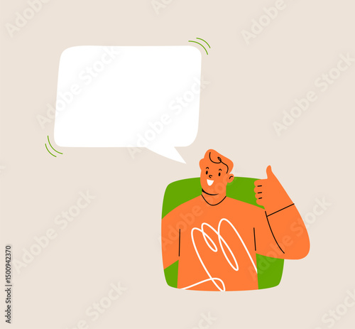 Man looking out of square window with speech bubbles. Colorful vector illustration