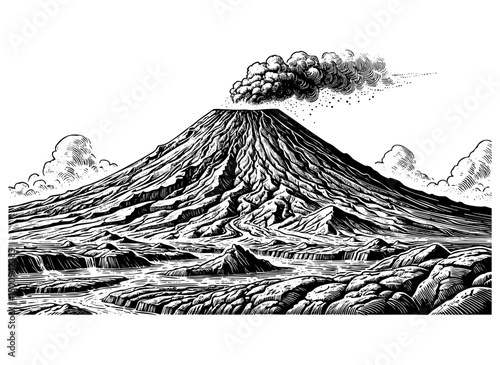 Mountain erruption on sea engraving black and white outline. Scratch board imitation.  illustrated in vintage line art style on a white background.