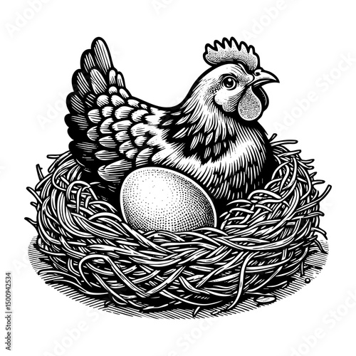 Chicken nest sketch engraving black and white outline. Scratch board imitation.  illustrated in vintage line art style on a white background.