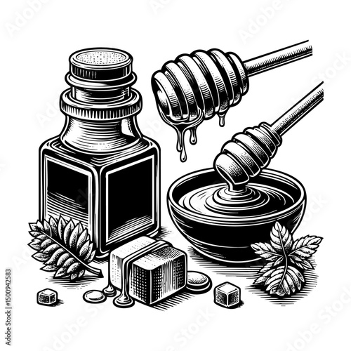 Honey drip from stick engraving black and white outline. Scratch board imitation.  illustrated in vintage line art style on a white background.