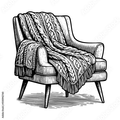 Blanket on sofa engraving black and white outline. Scratch board imitation.  illustrated in vintage line art style on a white background.